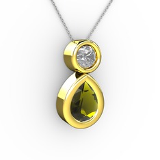 İkili Damla Kolye - Peridot ve swarovski 14 ayar altın kolye (40 cm beyaz altın rolo zincir) #e83qxt