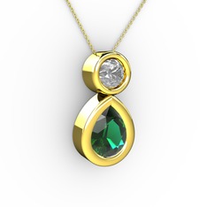 İkili Damla Kolye - Yeşil kuvars ve pırlanta 14 ayar altın kolye (0.5 karat, 40 cm altın rolo zincir) #en1muz