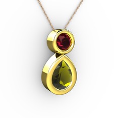 İkili Damla Kolye - Peridot ve rodolit garnet 14 ayar altın kolye (40 cm rose altın rolo zincir) #fzf5sw