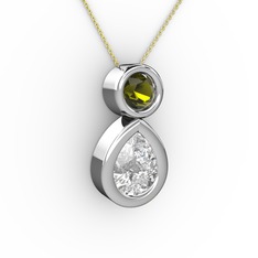 İkili Damla Kolye - Swarovski ve peridot 18 ayar beyaz altın kolye (40 cm altın rolo zincir) #h3lruq