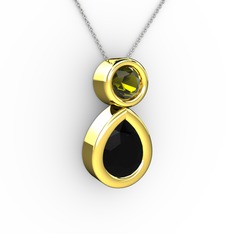 İkili Damla Kolye - Siyah zirkon ve peridot 18 ayar altın kolye (40 cm beyaz altın rolo zincir) #jjtkc4