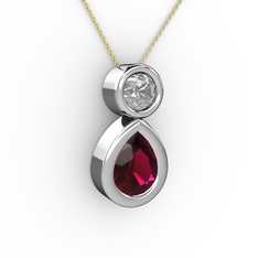 İkili Damla Kolye - Rodolit garnet ve swarovski 8 ayar beyaz altın kolye (40 cm gümüş rolo zincir) #myuk7k