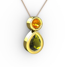 İkili Damla Kolye - Peridot ve sitrin 8 ayar altın kolye (40 cm gümüş rolo zincir) #oosh4t