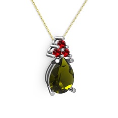 Peridot ve garnet 18 ayar beyaz altın kolye (40 cm gümüş rolo zincir)