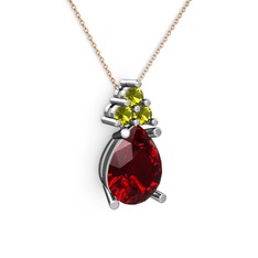 Garnet ve peridot 18 ayar beyaz altın kolye (40 cm gümüş rolo zincir)