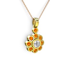Elmas Çiçek Kolye - Sitrin ve beyaz zirkon 18 ayar altın kolye (40 cm rose altın rolo zincir) #1243yrn
