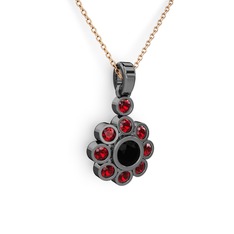 Elmas Çiçek Kolye - Garnet ve siyah zirkon 925 ayar siyah rodyum kaplama gümüş kolye (40 cm rose altın rolo zincir) #12h0c9d