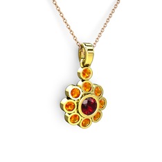 Elmas Çiçek Kolye - Sitrin ve garnet 18 ayar altın kolye (40 cm rose altın rolo zincir) #13md9u