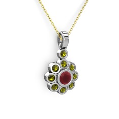 Elmas Çiçek Kolye - Peridot ve kök yakut 8 ayar beyaz altın kolye (40 cm altın rolo zincir) #1hcfa4s