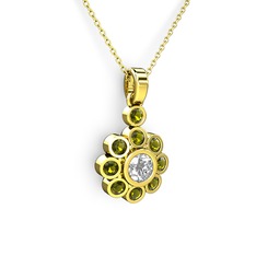 Elmas Çiçek Kolye - Peridot ve elmas 14 ayar altın kolye (0.5 karat, 40 cm altın rolo zincir) #1hsrzam
