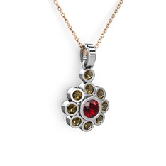 Elmas Çiçek Kolye - Dumanlı kuvars ve garnet 925 ayar gümüş kolye (40 cm rose altın rolo zincir) #1j0psdp