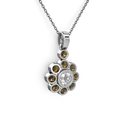 Dumanlı kuvars ve elmas 14 ayar beyaz altın kolye (0.5 karat, 40 cm gümüş rolo zincir)