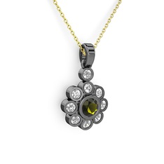 Elmas Çiçek Kolye - Pırlanta ve peridot 925 ayar siyah rodyum kaplama gümüş kolye (0.54 karat, 40 cm altın rolo zincir) #1m0jy7q