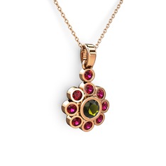 Elmas Çiçek Kolye - Rodolit garnet ve peridot 14 ayar rose altın kolye (40 cm rose altın rolo zincir) #1mh44pm