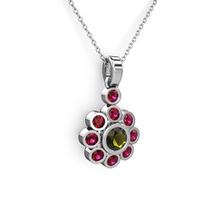 Rodolit garnet ve peridot 8 ayar beyaz altın kolye (40 cm beyaz altın rolo zincir)