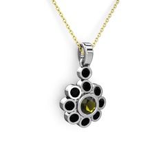 Elmas Çiçek Kolye - Siyah zirkon ve peridot 18 ayar beyaz altın kolye (40 cm gümüş rolo zincir) #3zizh4