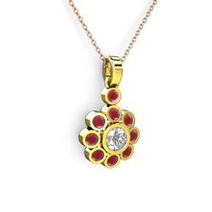Elmas Çiçek Kolye - Kök yakut ve elmas 8 ayar altın kolye (0.5 karat, 40 cm rose altın rolo zincir) #h5iun7