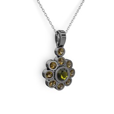 Elmas Çiçek Kolye - Dumanlı kuvars ve peridot 925 ayar siyah rodyum kaplama gümüş kolye (40 cm beyaz altın rolo zincir) #hd83nu