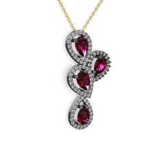 Soltar Damla Kolye - Rodolit garnet ve swarovski 925 ayar siyah rodyum kaplama gümüş kolye (40 cm altın rolo zincir) #17e42a0