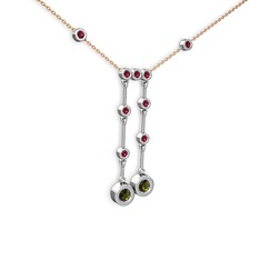 Peridot ve rodolit garnet 18 ayar beyaz altın kolye (40 cm rose altın rolo zincir)