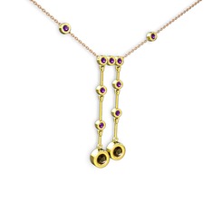 Taşlı Belly Kolye - Dumanlı kuvars ve ametist 14 ayar altın kolye (40 cm rose altın rolo zincir) #586774