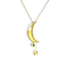 Ay Yıldız Taşlı Kolye - Kök zümrüt 18 ayar altın kolye (40 cm rose altın rolo zincir) #10tggpn