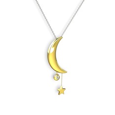 Ay Yıldız Taşlı Kolye - Elmas 925 ayar altın kaplama gümüş kolye (0.036 karat, 40 cm beyaz altın rolo zincir) #129ju8c