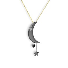 Ay Yıldız Taşlı Kolye - Siyah zirkon 925 ayar siyah rodyum kaplama gümüş kolye (40 cm gümüş rolo zincir) #13e1624