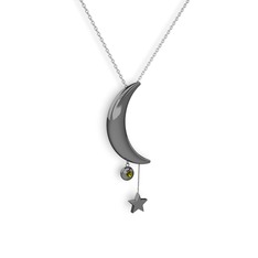 Ay Yıldız Taşlı Kolye - Peridot 925 ayar siyah rodyum kaplama gümüş kolye (40 cm beyaz altın rolo zincir) #1405vqu