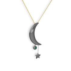 Ay Yıldız Taşlı Kolye - Kök zümrüt 925 ayar siyah rodyum kaplama gümüş kolye (40 cm altın rolo zincir) #167r0k7