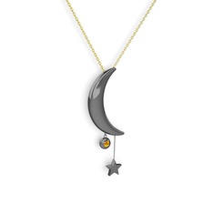 Ay Yıldız Taşlı Kolye - Sitrin 925 ayar siyah rodyum kaplama gümüş kolye (40 cm altın rolo zincir) #1g399z6