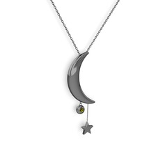 Ay Yıldız Taşlı Kolye - Peridot 925 ayar siyah rodyum kaplama gümüş kolye (40 cm gümüş rolo zincir) #1je7oif