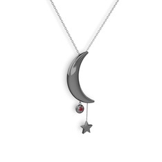 Ay Yıldız Taşlı Kolye - Kök yakut 925 ayar siyah rodyum kaplama gümüş kolye (40 cm beyaz altın rolo zincir) #1w6du2w