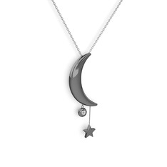 Ay Yıldız Taşlı Kolye - Beyaz zirkon 925 ayar siyah rodyum kaplama gümüş kolye (40 cm beyaz altın rolo zincir) #1xh9wfi
