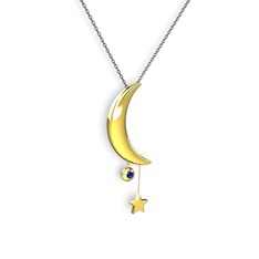 Ay Yıldız Taşlı Kolye - Lab safir 14 ayar altın kolye (40 cm gümüş rolo zincir) #6epwh0