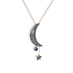 Ay Yıldız Taşlı Kolye - Lab safir 925 ayar siyah rodyum kaplama gümüş kolye (40 cm rose altın rolo zincir) #b1wlsp