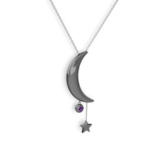 Ay Yıldız Taşlı Kolye - Ametist 925 ayar siyah rodyum kaplama gümüş kolye (40 cm gümüş rolo zincir) #b8ru6o