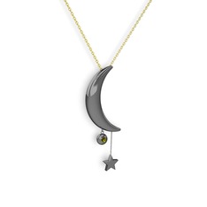 Ay Yıldız Taşlı Kolye - Peridot 925 ayar siyah rodyum kaplama gümüş kolye (40 cm altın rolo zincir) #bk8s8r
