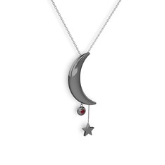 Ay Yıldız Taşlı Kolye - Garnet 925 ayar siyah rodyum kaplama gümüş kolye (40 cm beyaz altın rolo zincir) #i4gbta