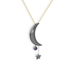 Ay Yıldız Taşlı Kolye - Ametist 925 ayar siyah rodyum kaplama gümüş kolye (40 cm gümüş rolo zincir) #qi179i