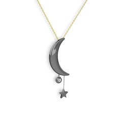 Ay Yıldız Taşlı Kolye - Beyaz zirkon 925 ayar siyah rodyum kaplama gümüş kolye (40 cm altın rolo zincir) #qu90kn