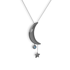 Ay Yıldız Taşlı Kolye - Akuamarin 925 ayar siyah rodyum kaplama gümüş kolye (40 cm beyaz altın rolo zincir) #v5dla7