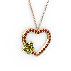 Maita Kalp Kolye - Peridot ve garnet 14 ayar altın kolye (40 cm rose altın rolo zincir) #14l5tu4
