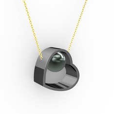 Saklı İnci Kolye - Siyah inci 925 ayar siyah rodyum kaplama gümüş kolye (40 cm altın rolo zincir) #2hhx59