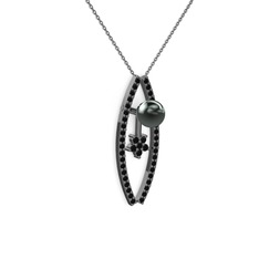 Lenta İnci Kolye - Siyah inci ve siyah zirkon 925 ayar siyah rodyum kaplama gümüş kolye (40 cm gümüş rolo zincir) #12ms80t