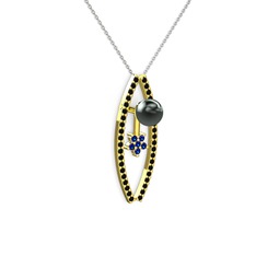 Lenta İnci Kolye - Siyah inci, siyah zirkon ve lab safir 8 ayar altın kolye (40 cm gümüş rolo zincir) #ibr7hh