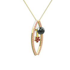 Lenta İnci Kolye - Siyah inci, pembe kuvars ve rodolit garnet 14 ayar altın kolye (40 cm altın rolo zincir) #oyz4ig