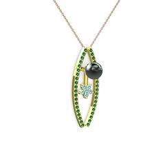 Siyah inci, yeşil kuvars ve akuamarin 8 ayar altın kolye (40 cm gümüş rolo zincir)