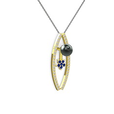 Lenta İnci Kolye - Siyah inci, swarovski ve lab safir 8 ayar altın kolye (40 cm gümüş rolo zincir) #u15d9p
