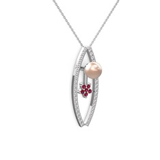 Pembe inci, swarovski ve rodolit garnet 14 ayar beyaz altın kolye (40 cm beyaz altın rolo zincir)